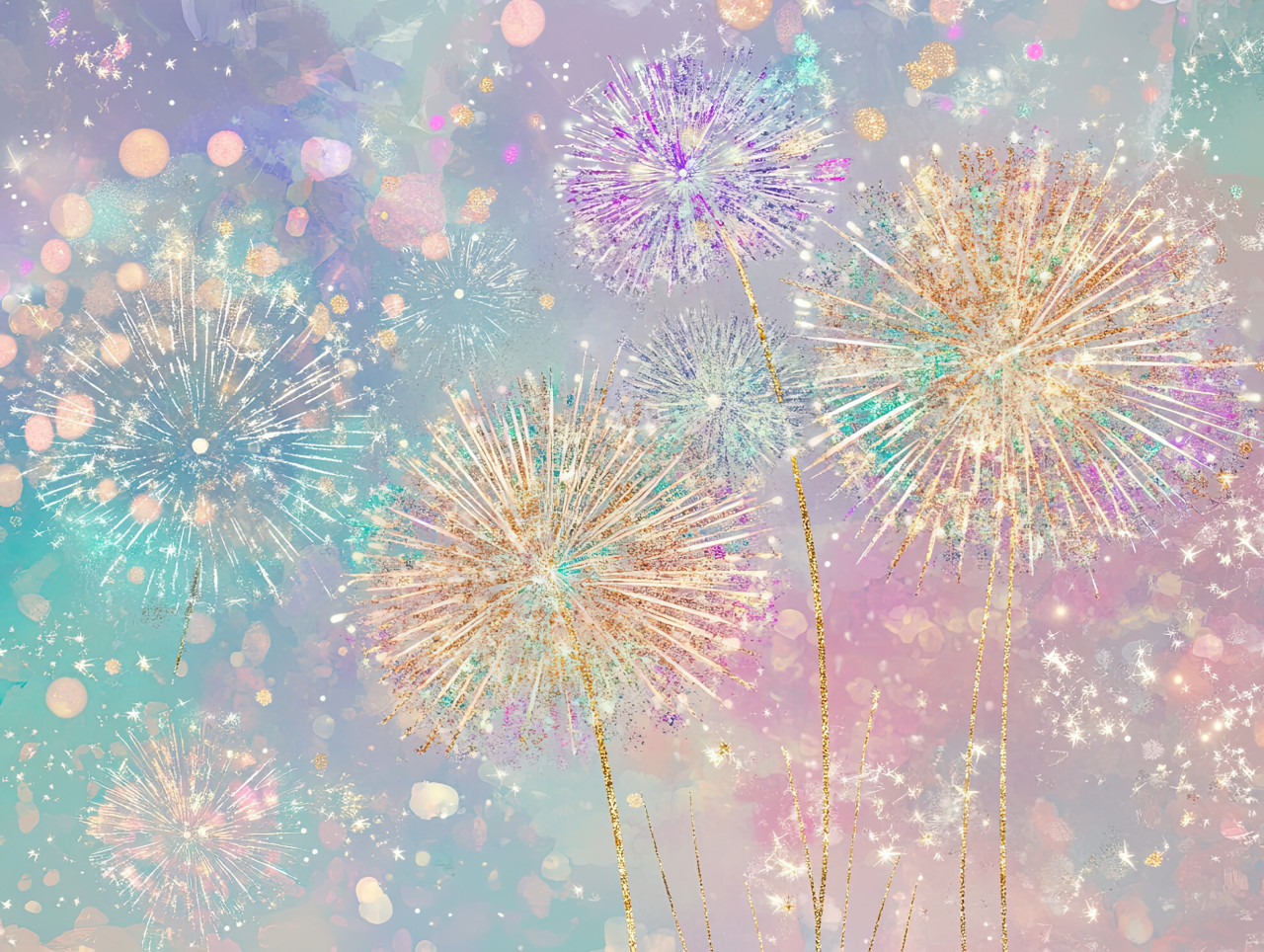 Fireworks in the sky, bright explosions of color and light, festive celebration in glitter drawing style, night sky sparkle, draw glitter effect, drawing glitter colour