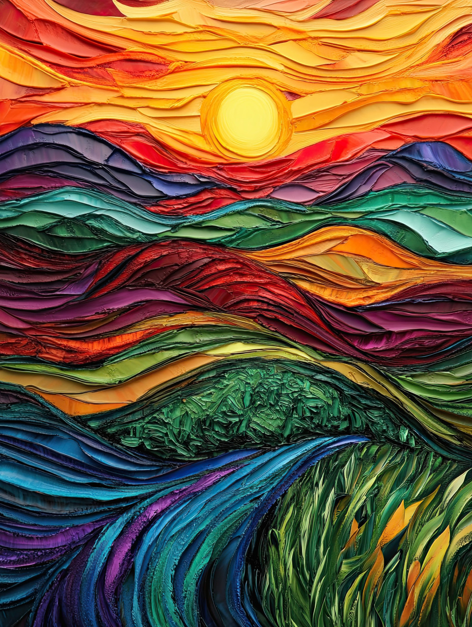 Vibrant impasto painting of a sunset over rolling hills, warm golden light casting soft shadows, textured impasto art creating depth in the scenic landscape