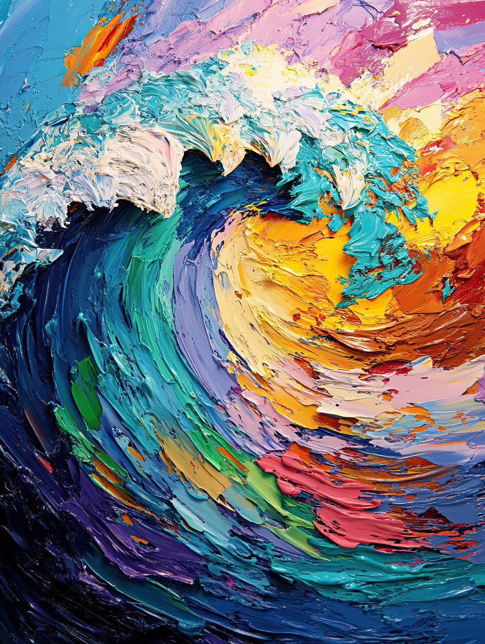 Dramatic impasto art of stormy ocean waves crashing against rugged rocks, deep blues and whites creating movement, expressive impasto painting of the sea