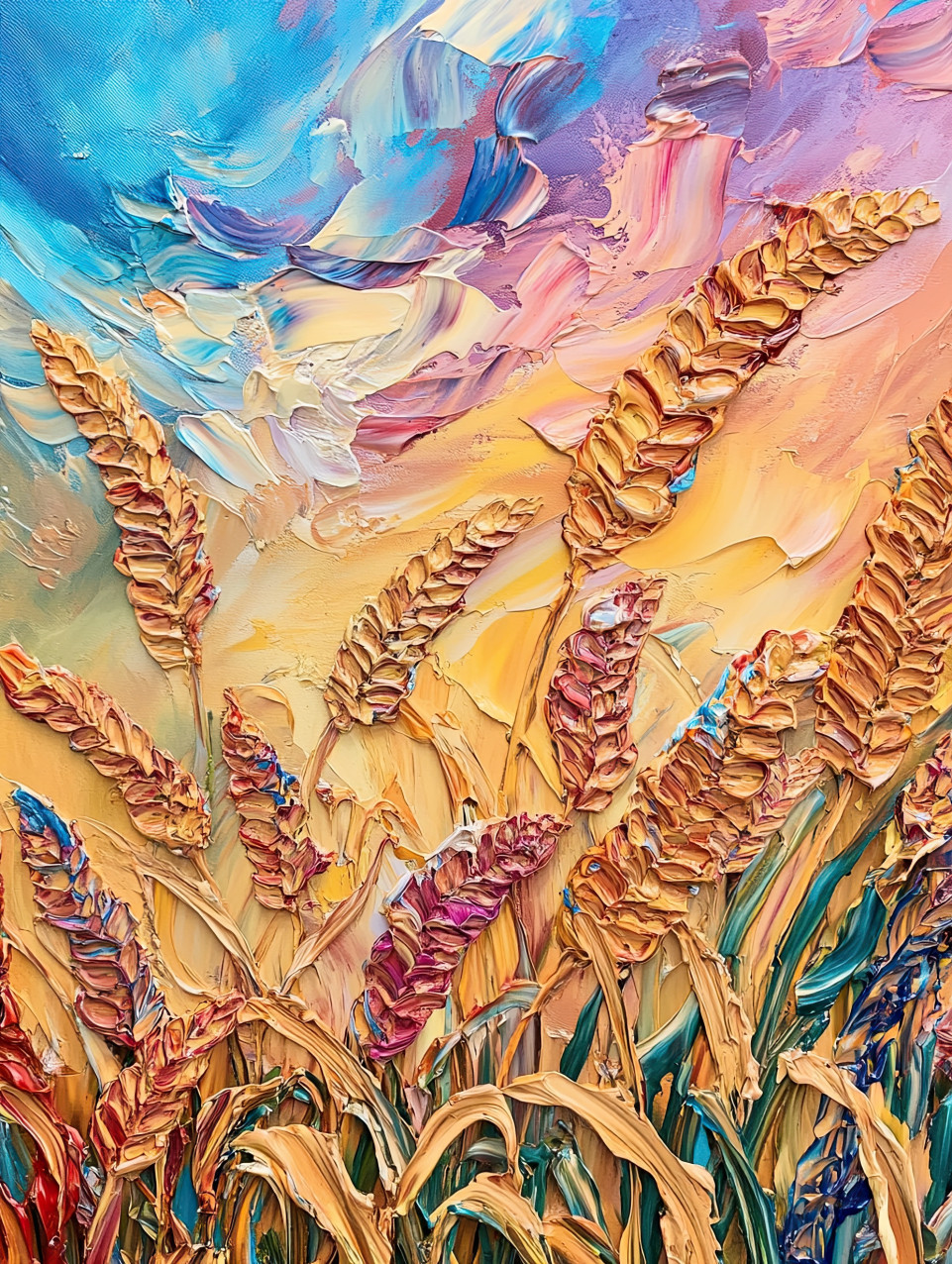 Golden wheat field swaying in a gentle breeze, rich texture from impasto painting strokes, sunlit rural landscape in impasto art with warm autumn tones