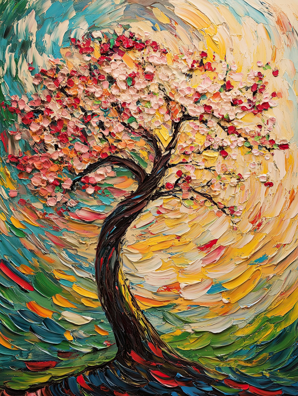 Blossoming cherry tree in full bloom, delicate pink petals contrasting with a textured impasto painting style, serene spring scene in impasto art