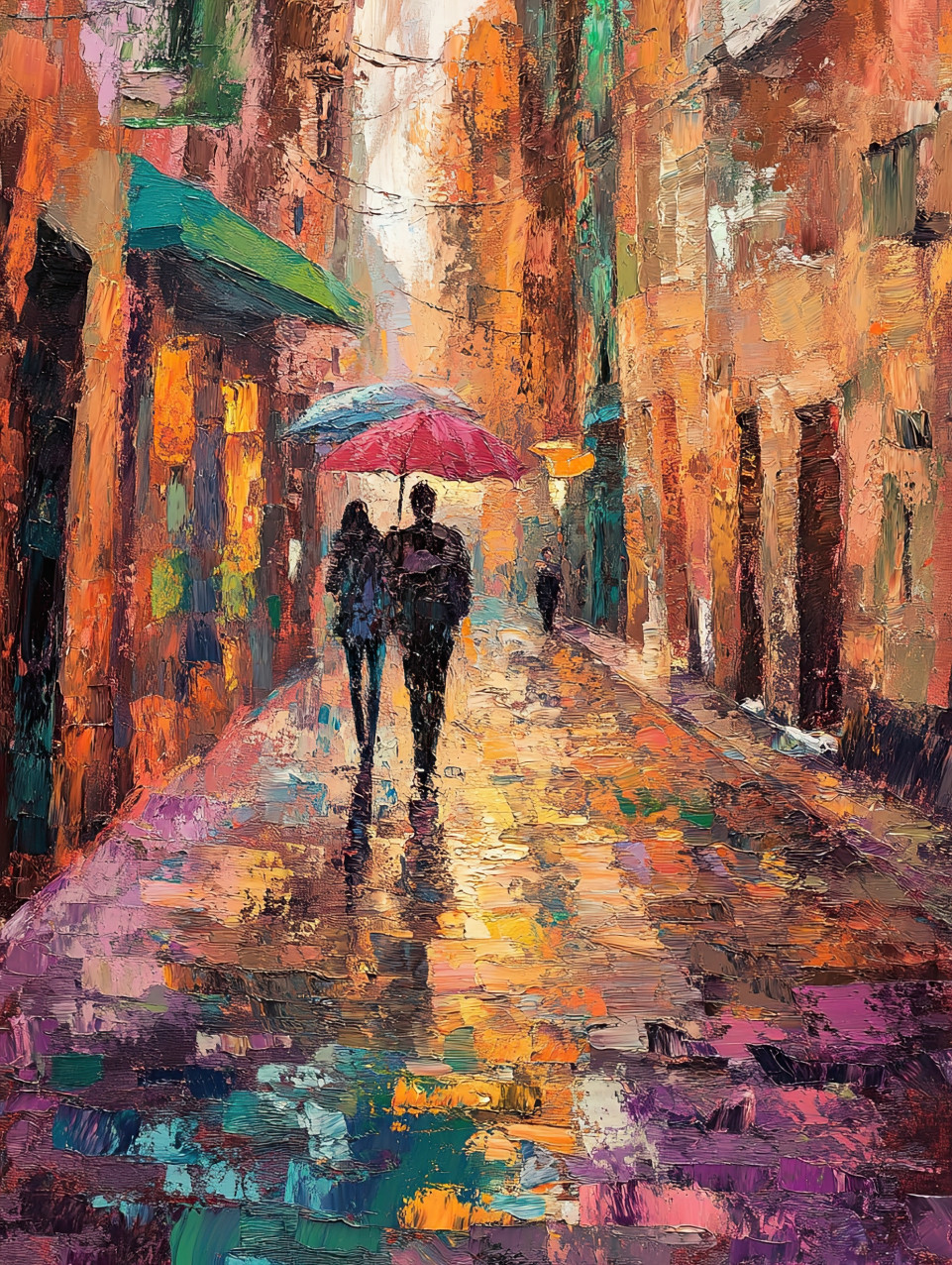 Rain-soaked cobblestone street reflecting city lights, wet stone textures brought to life with impasto painting strokes, nostalgic urban impasto art