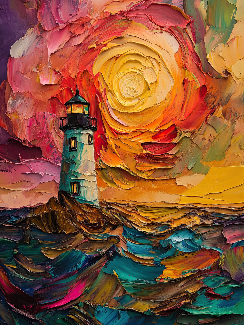 Lonely lighthouse standing tall at dusk, glowing beacon against a moody sky, deep textures and rich colors in this expressive impasto painting of the coast