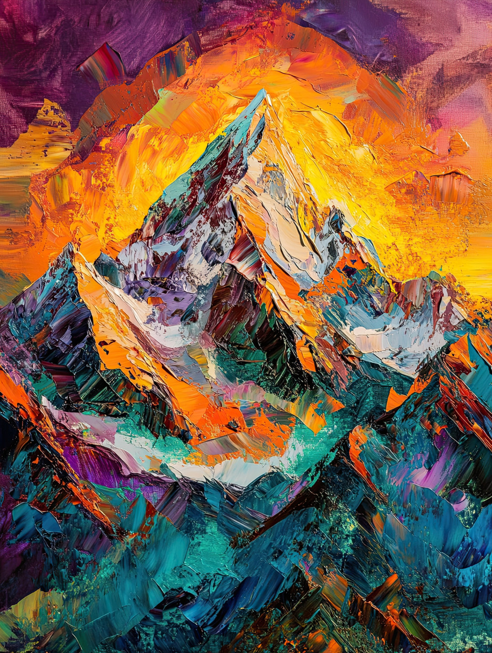 Snowy mountain peak glowing in golden light, crisp white snow contrasting against rugged textures, impasto art capturing nature winter beauty