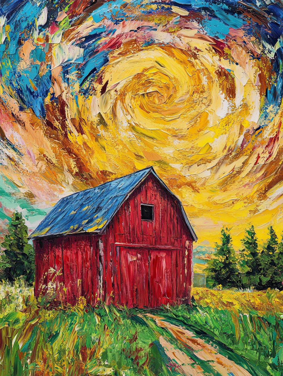 Rustic barn in a lush green meadow, weathered wood textures highlighted through impasto painting, peaceful countryside impasto art with warm earthy hues