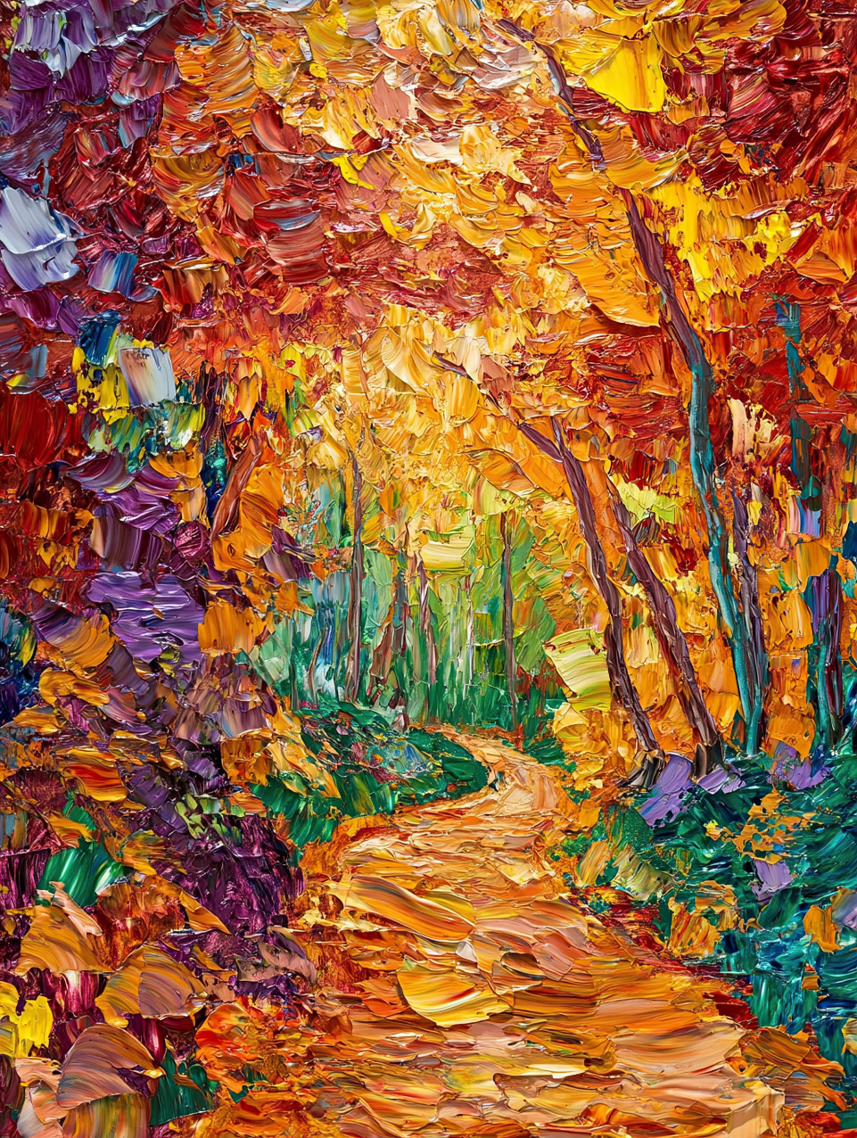 Fiery autumn forest path covered in red and orange leaves, warm golden light filtering through trees, impasto painting rich with bold textured strokes