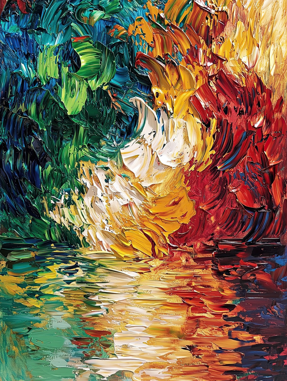 Quiet lake reflecting the sky and surrounding trees, still water captured with soft impasto painting strokes, peaceful impasto art of nature serenity