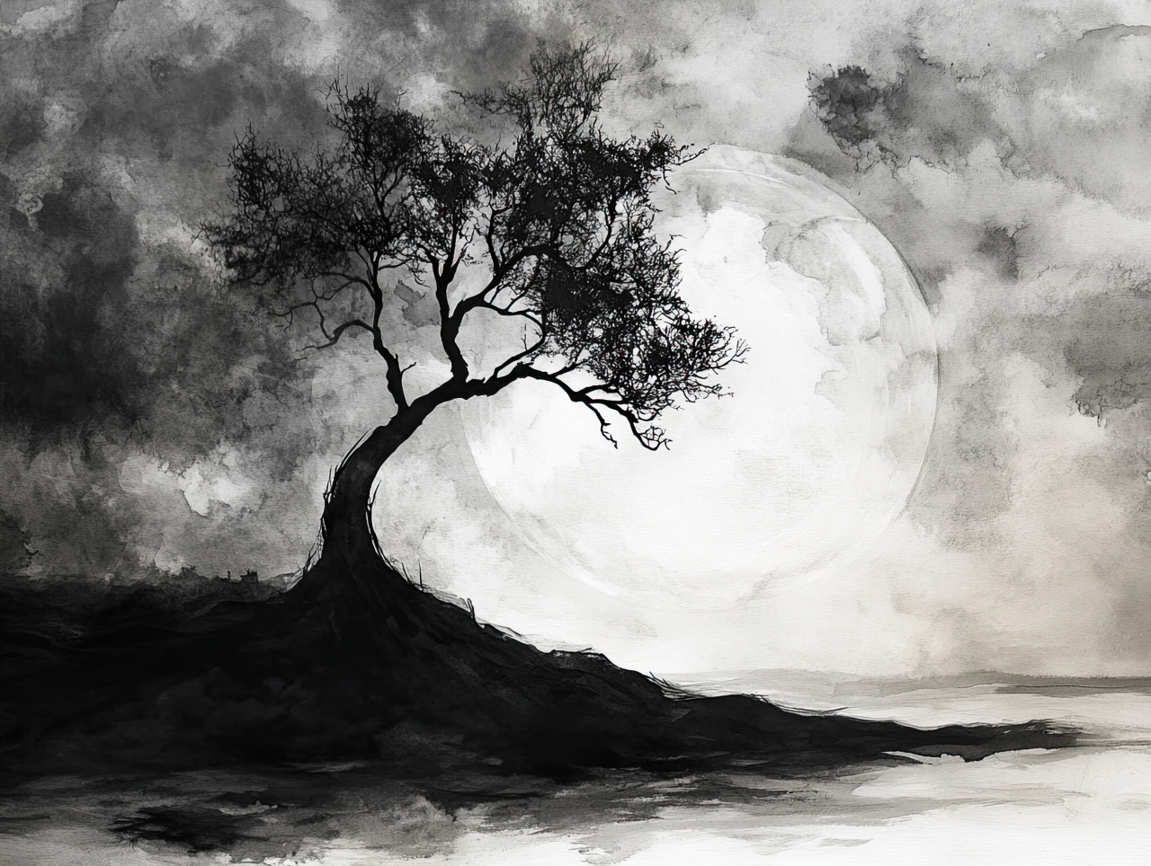 Lonely tree silhouette, ink drawing in black and white, bare branches stretching in the wind, minimalistic nature sketch, pen and ink, ink pens for drawing