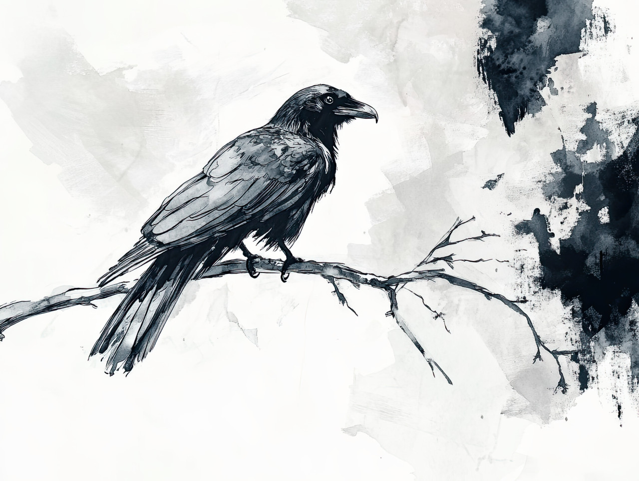 Dark raven perched on a branch, ink drawing, mysterious bird with detailed feathers, gothic atmosphere, pen and ink, ink pens for drawing