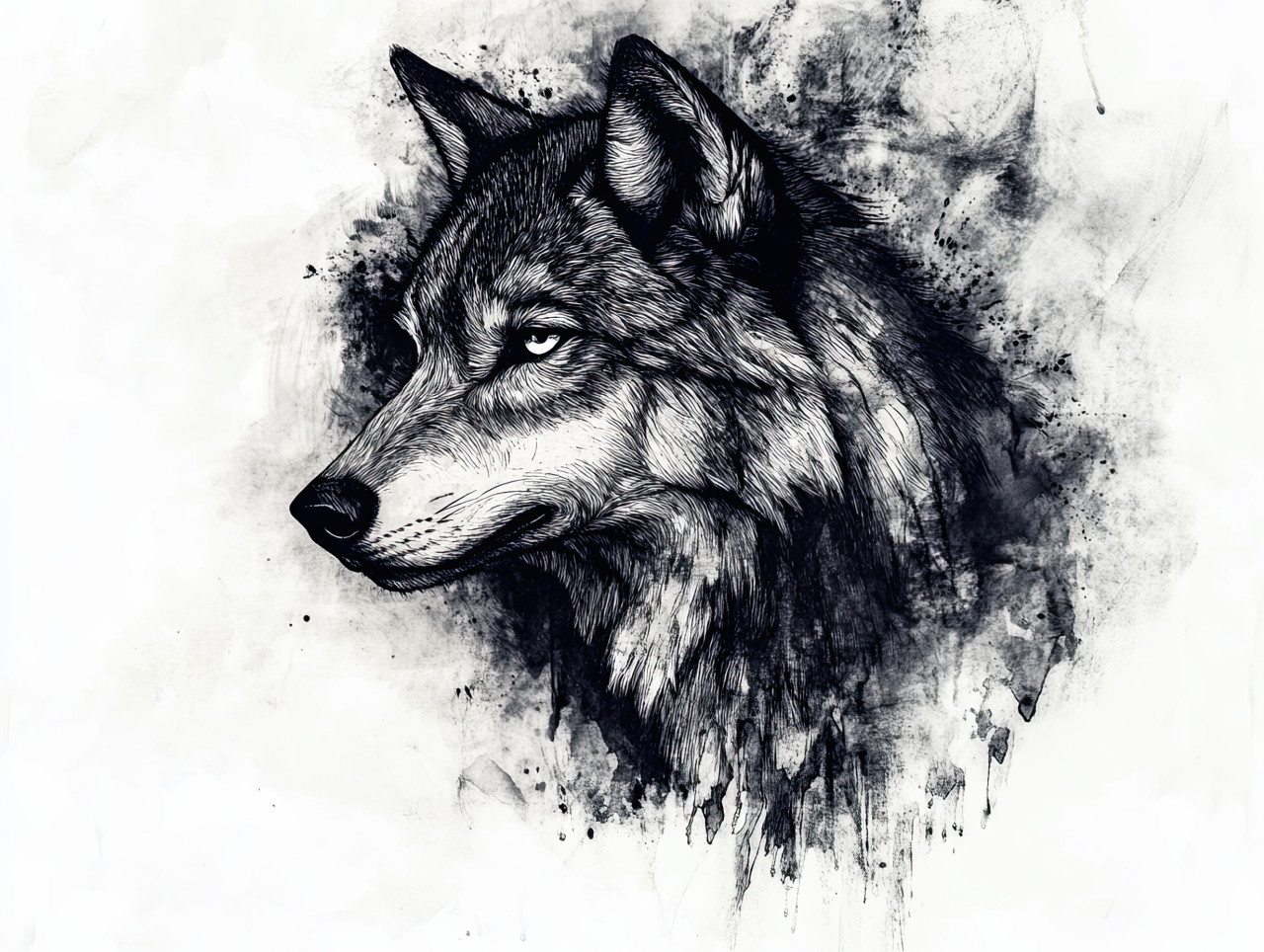 Mystic wolf head, ink drawing with intricate fur details, wild animal with piercing eyes, tribal or fantasy art style, pen and ink, ink pens for drawing