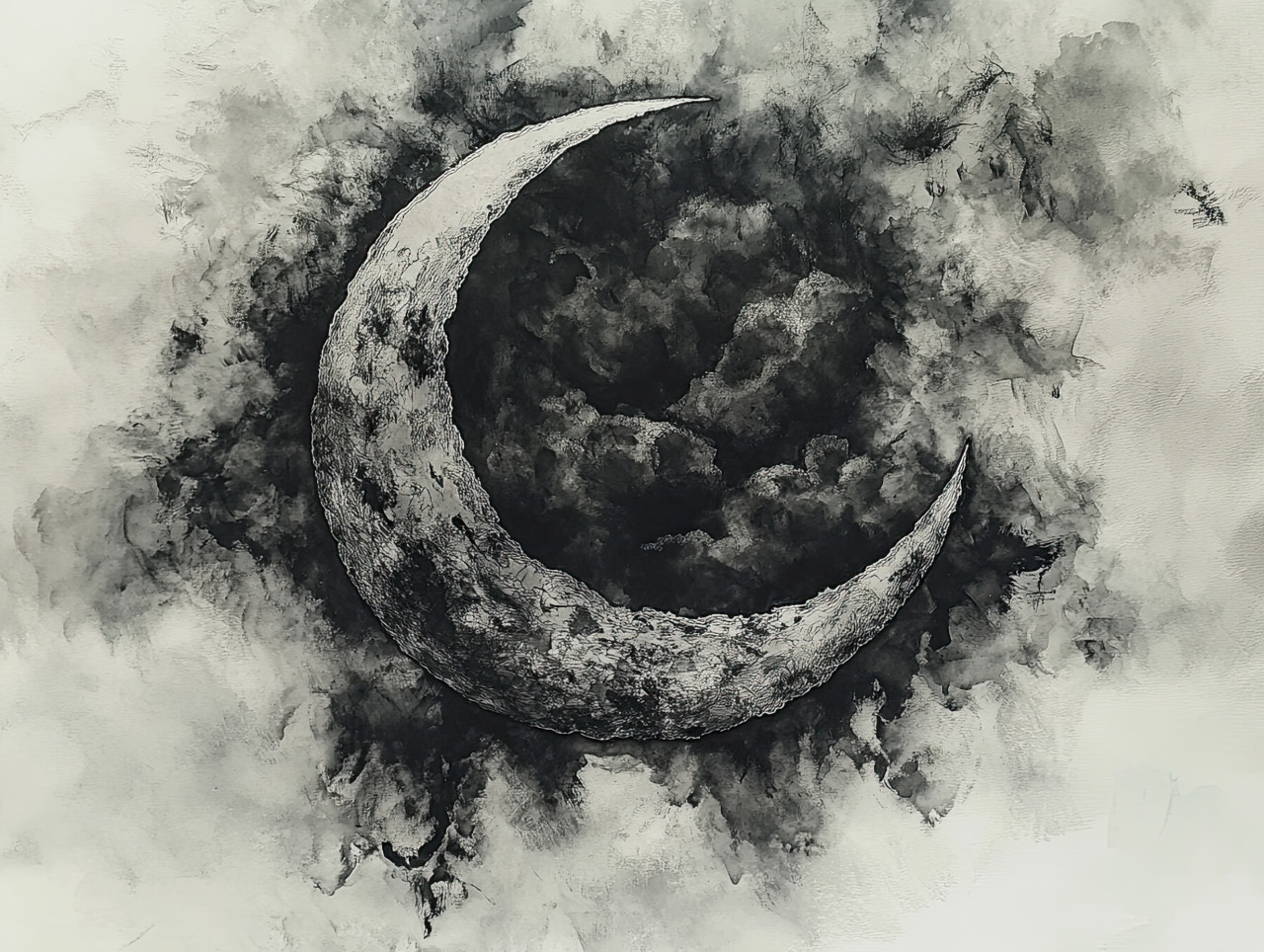 Crescent moon and drifting clouds, ink drawing in a dreamy night sky, celestial illustration, mystical atmosphere, pen and ink, ink pens for drawing
