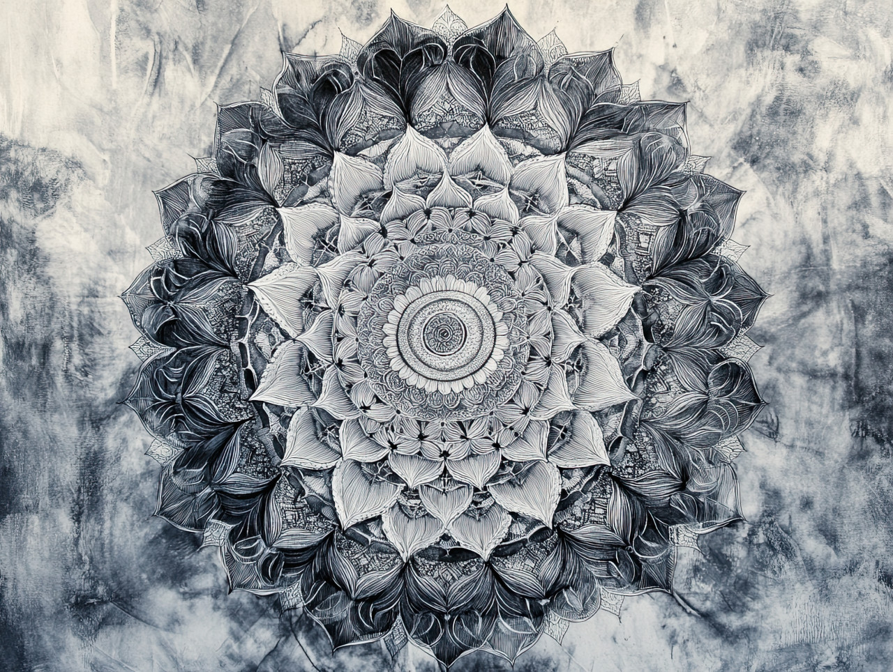 Intricate mandala, ink drawing with geometric symmetry, spiritual and meditative design, ornamental pattern, pen and ink, ink pens for drawing