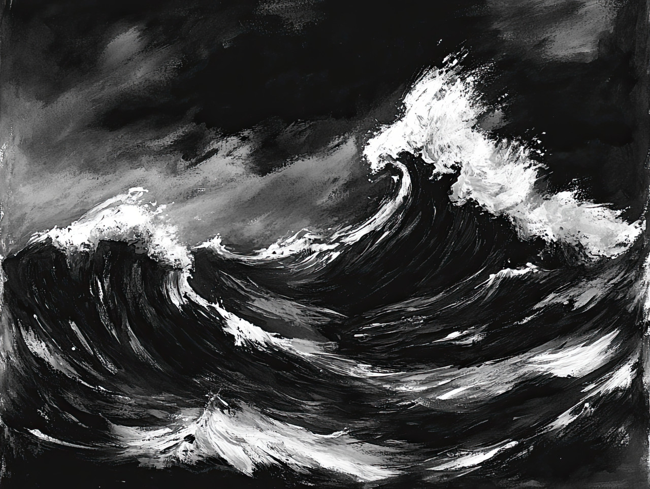 Stormy ocean waves, ink drawing capturing powerful water movement, dramatic sea with swirling currents, pen and ink, ink pens for drawing