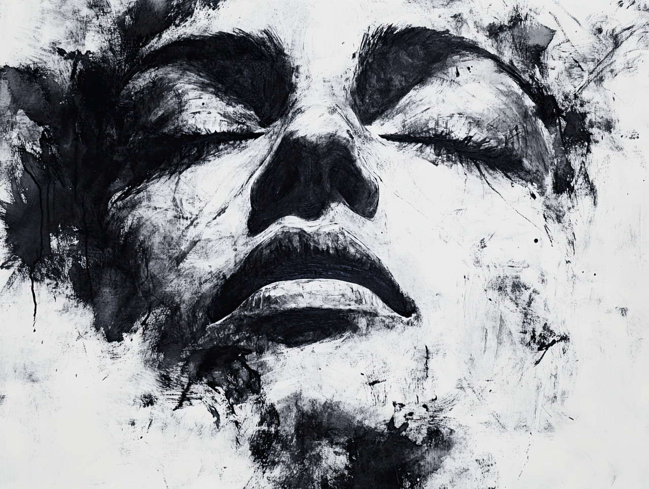 Abstract human face, ink drawing with expressive lines, surreal emotions in black and white, artistic portrait concept, pen and ink, ink pens for drawing