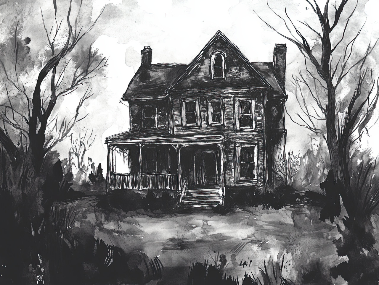 Haunted house, ink drawing with eerie windows and crooked roof, spooky atmosphere, ghostly mansion at night, pen and ink, ink pens for drawing
