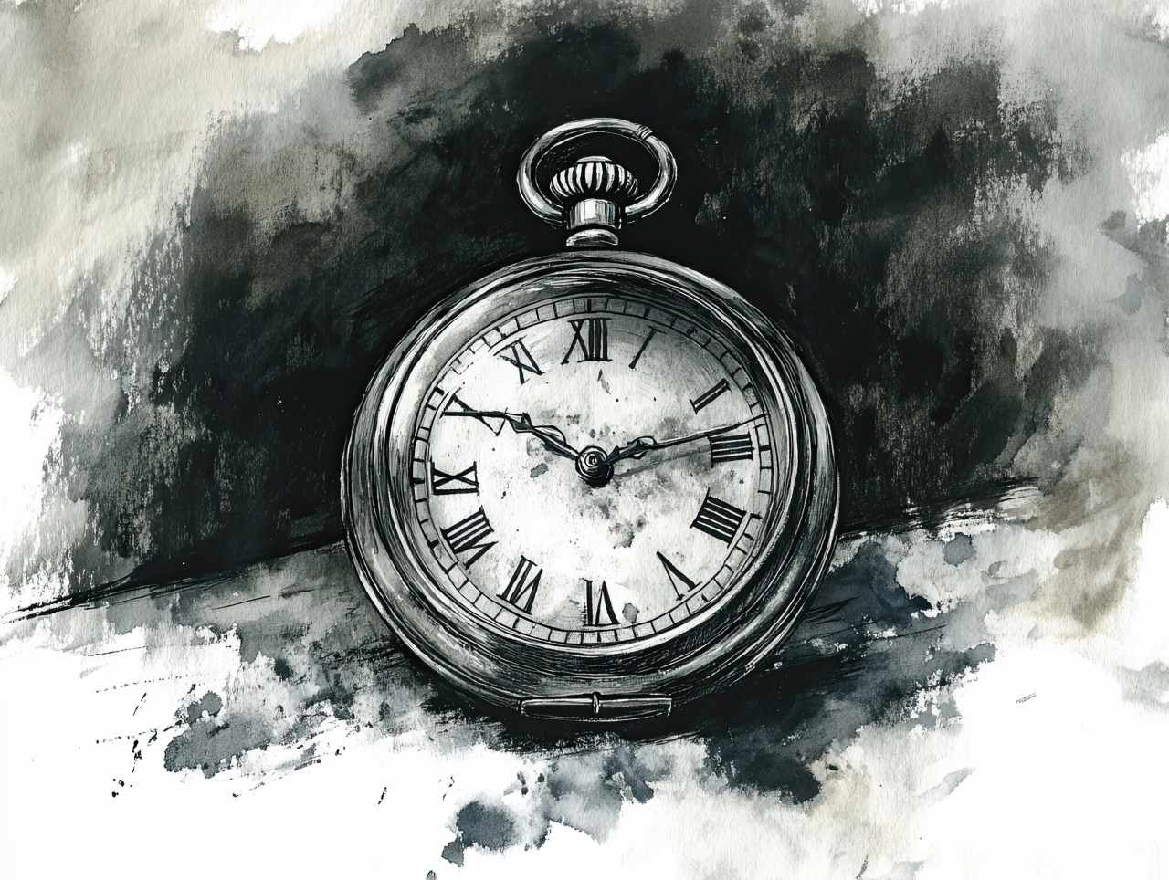 Vintage pocket watch, ink drawing with intricate clock gears and roman numerals, old-fashioned timepiece with classic details, pen and ink, ink pens for drawing