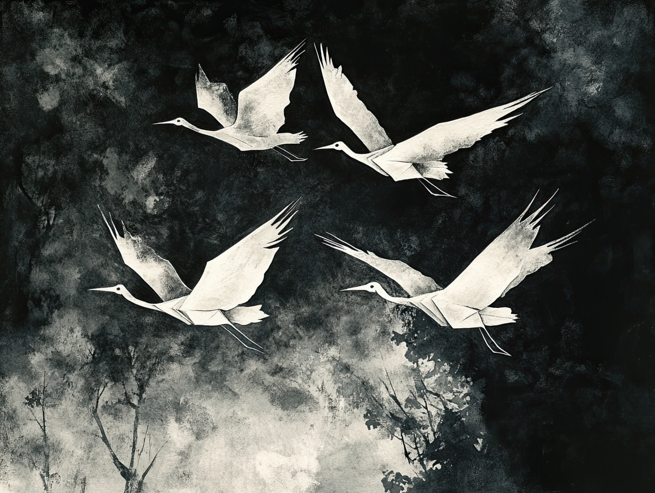 Flying paper cranes, ink drawing symbolizing peace and hope, delicate origami birds soaring in the sky, japanese-inspired art, pen and ink, ink pens for drawing