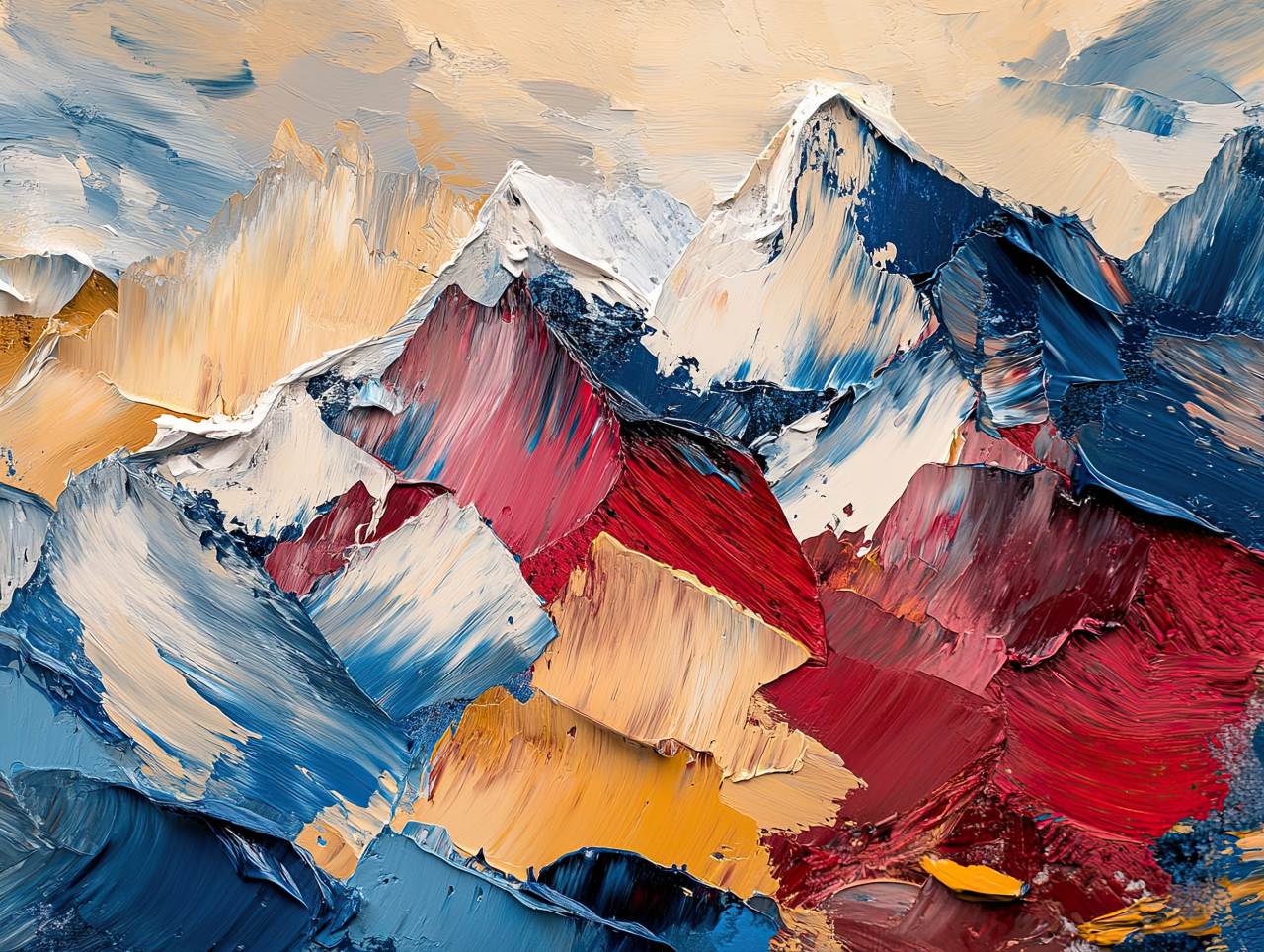 Misty mountain peaks rise above clouds, a palette knife drawing with bold textures capturing the serene wilderness and breathtaking high altitude scenery