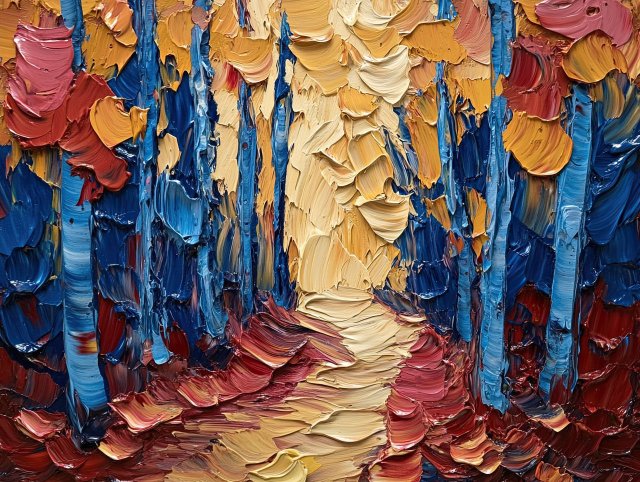 Autumn forest path covered in golden leaves, a palette knife drawing showcasing warm colors and textured strokes, evoking peaceful fall walks in nature