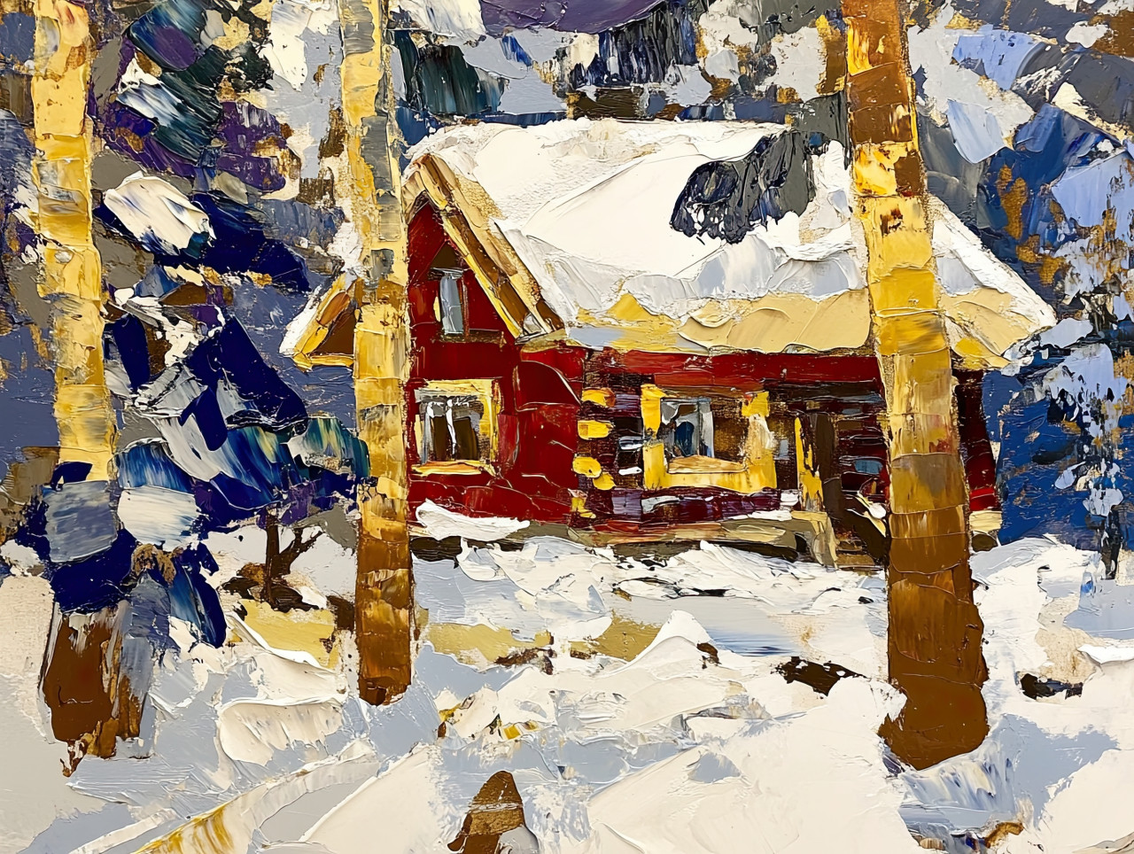 Cozy snowy cabin nestled among tall trees, a palette knife drawing with textured strokes portraying a serene winter retreat in a peaceful forest