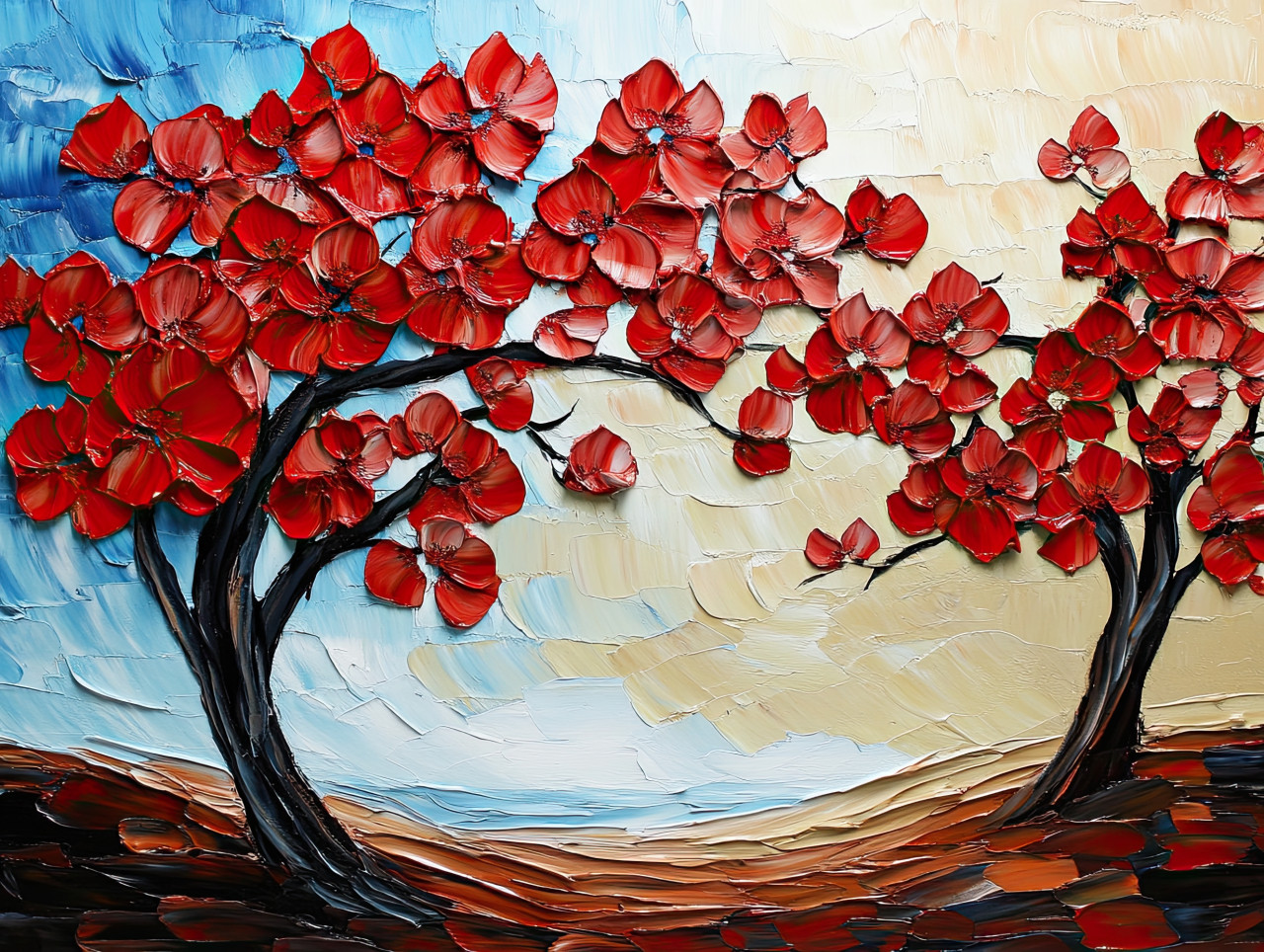 Cherry blossom trees in full bloom, a palette knife drawing with soft pink hues and rich textures capturing the delicate beauty of springtime renewal