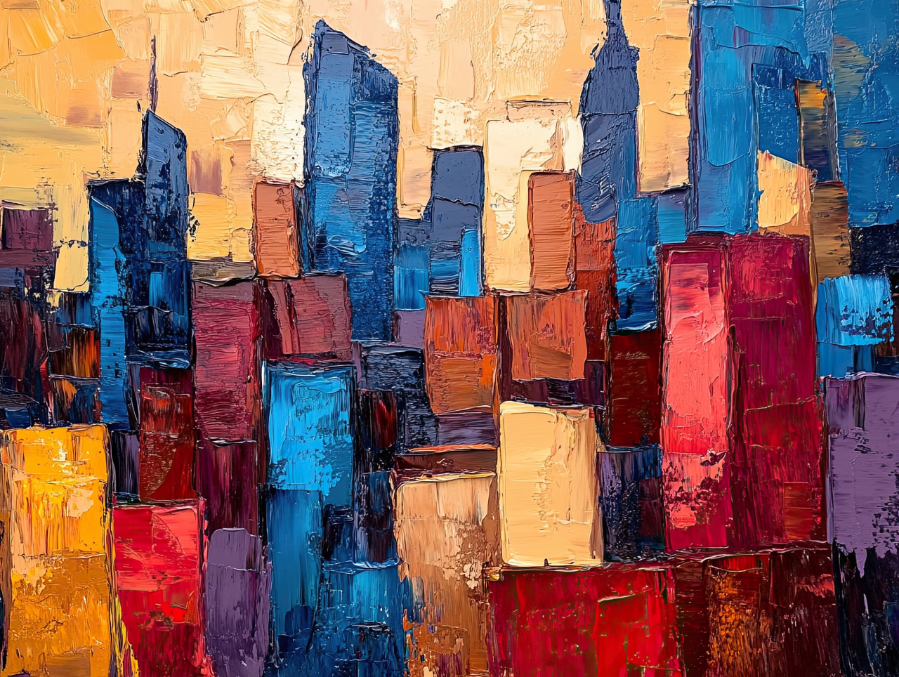 Vibrant city skyline at night, a palette knife drawing with bold strokes capturing glowing lights and urban energy against a dark, textured sky