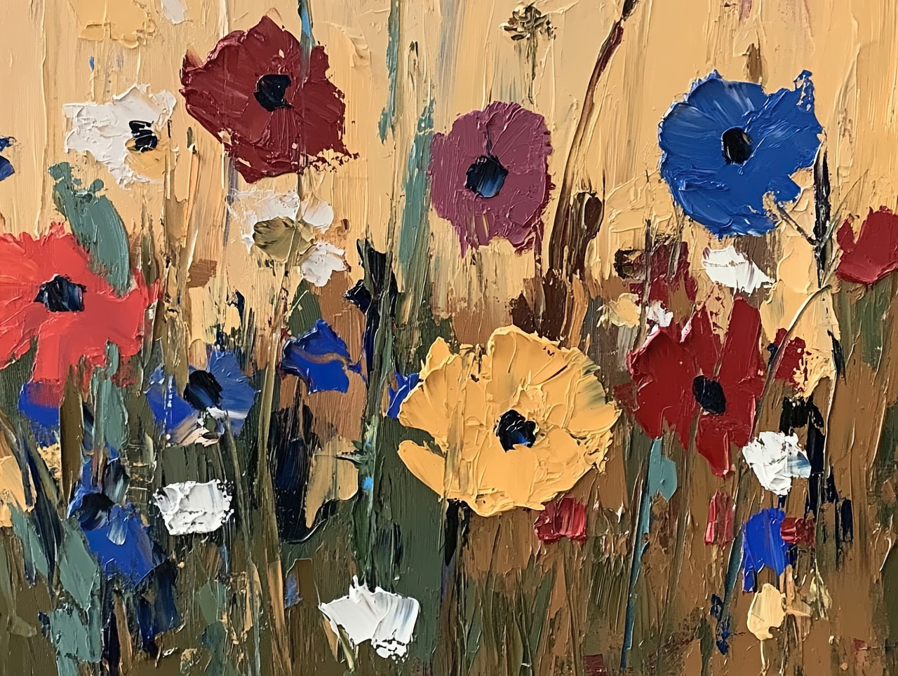 Wildflower meadow bursting with color, a palette knife drawing with textured strokes portraying the lively beauty of blooming flowers in a lush field
