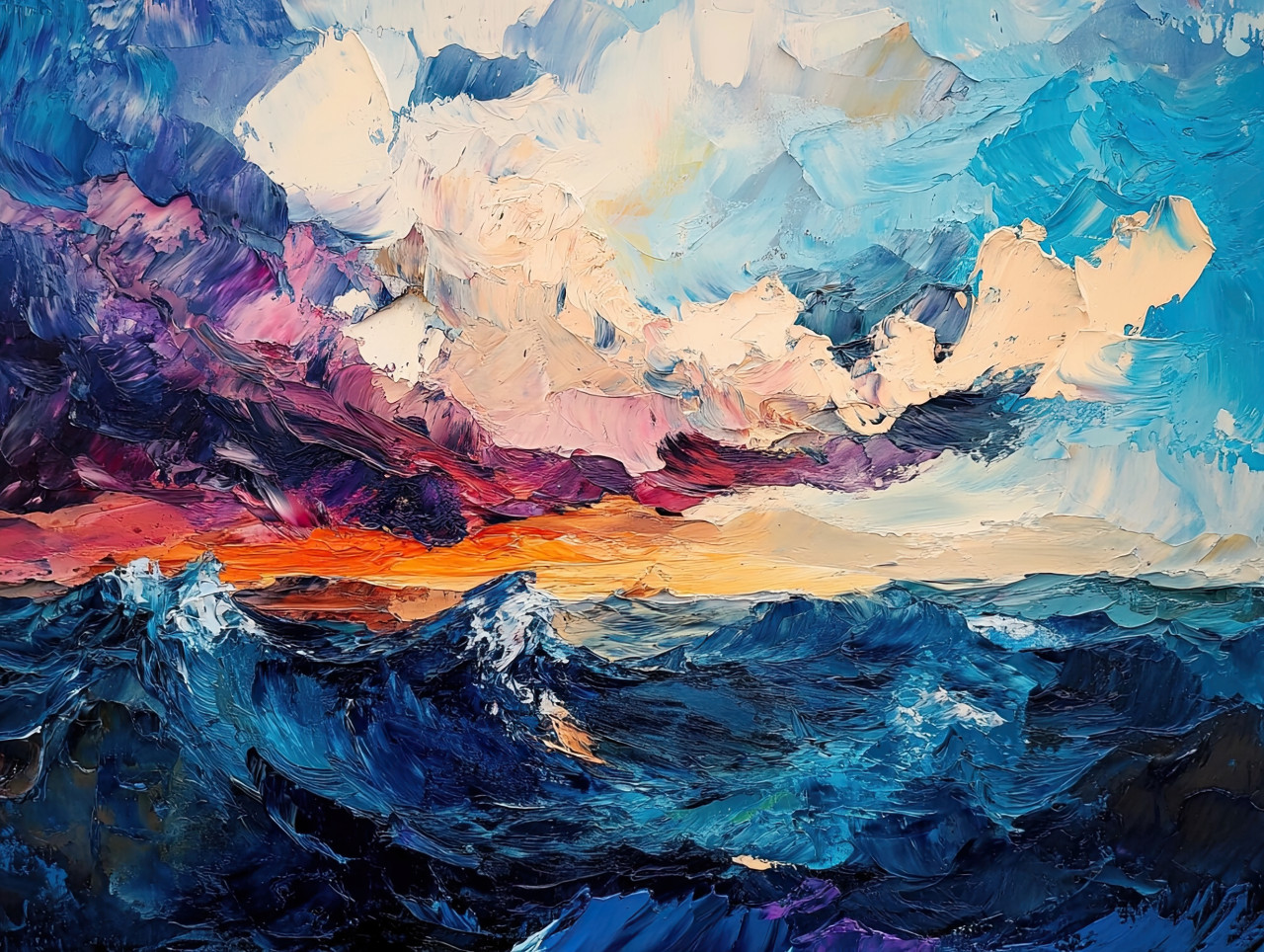 Dark stormy sky over a restless sea, a palette knife drawing capturing moody clouds, crashing waves, and the dramatic energy of natureâ€™s fury