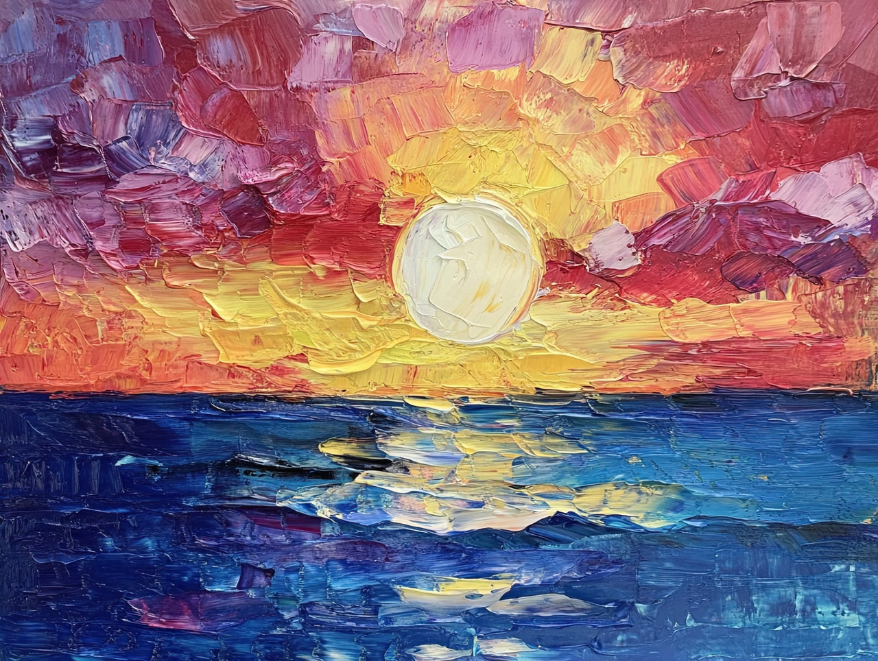 Breathtaking sunset over the ocean, a palette knife drawing with rich colors and textured strokes capturing the warm glow reflecting on gentle waves