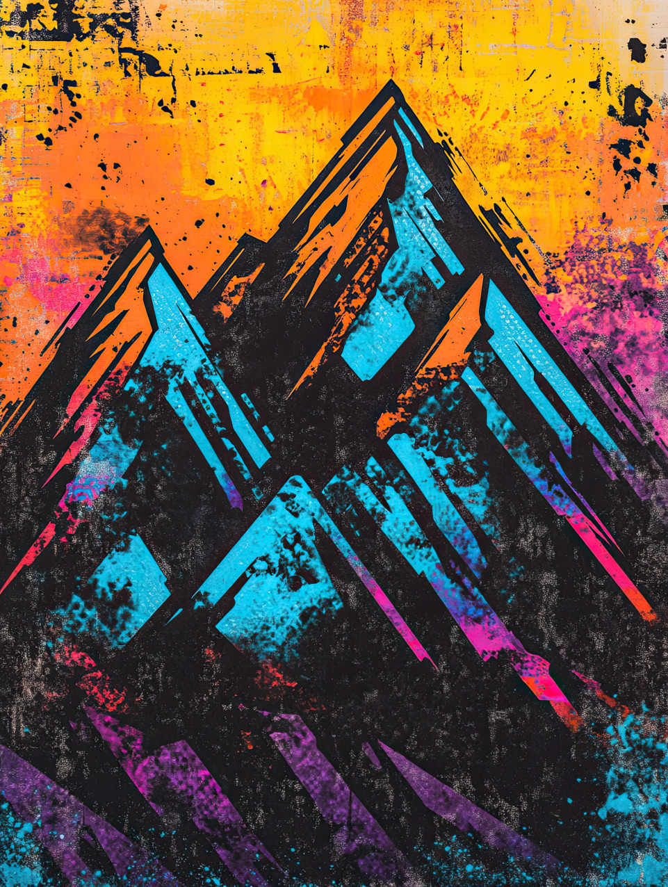 Majestic mountain peaks in a stencil painting style with sharp ridges and deep valleys, nature landscape art for stencil letters and stencils for walls