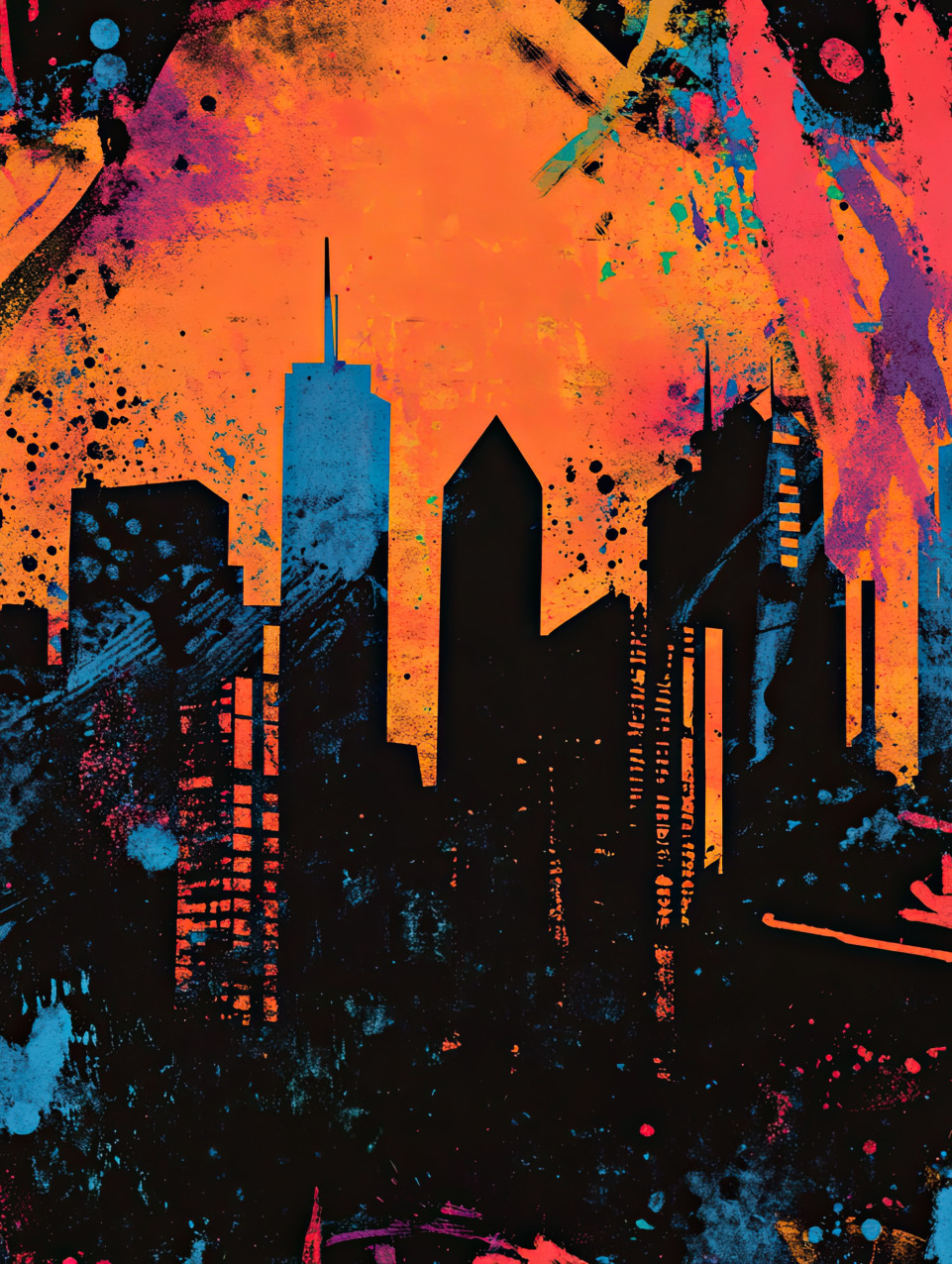 Silhouetted city skyline in stencil painting style featuring high-rise buildings and urban architecture, modern cityscape art for stencil letters and stencils for walls