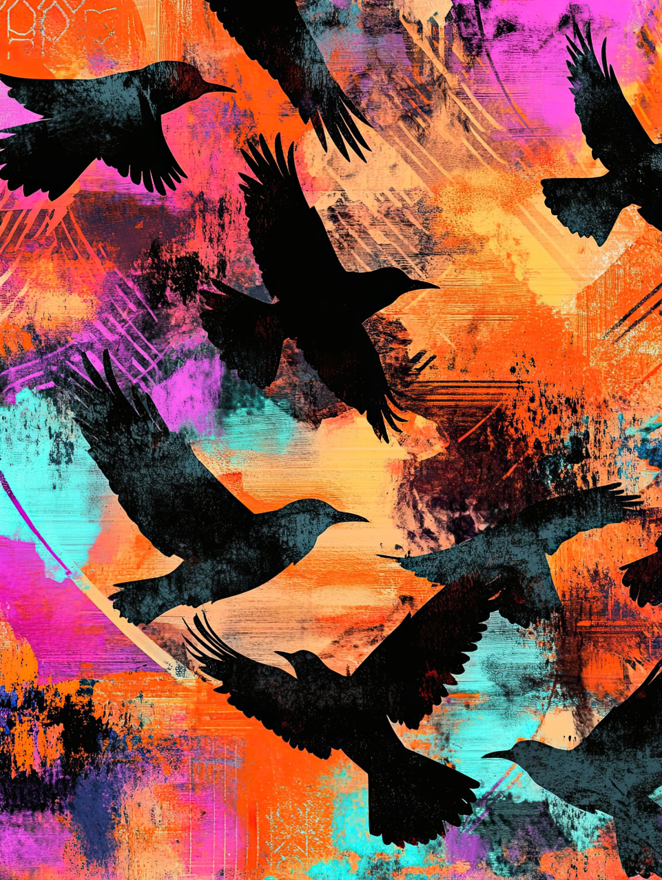 Flying birds in sunset in stencil painting style, soaring across a warm, glowing sky, nature and freedom concept for stencil letters and stencils for walls