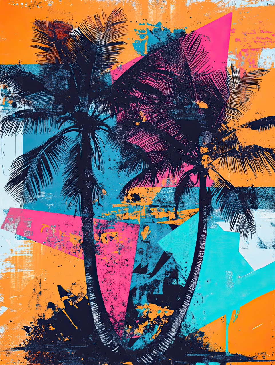 Tropical palm trees in stencil painting style, swaying in the breeze, exotic beach vibe and vacation concept for stencil letters and stencils for walls