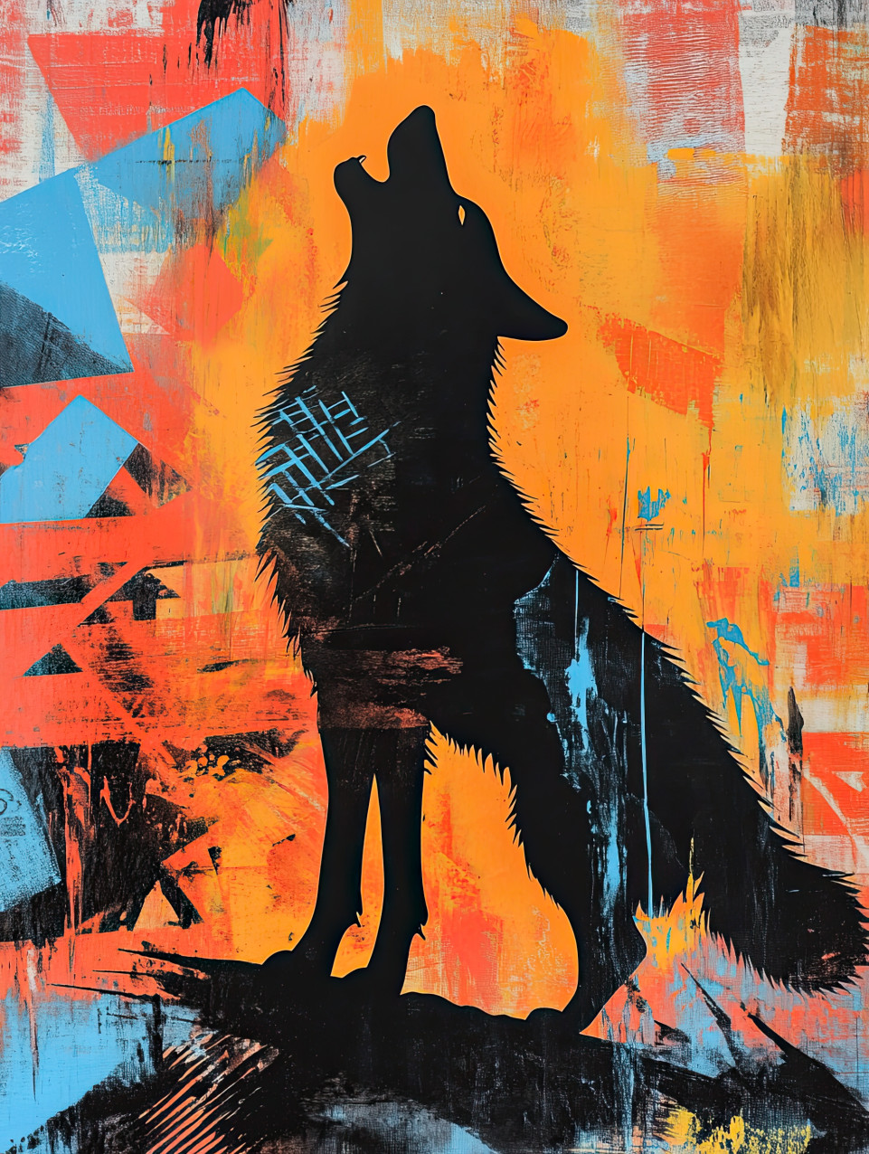 Lone wolf howling in stencil painting style against a moonlit sky, symbolizing strength and wilderness, wildlife art for stencil letters and stencils for walls