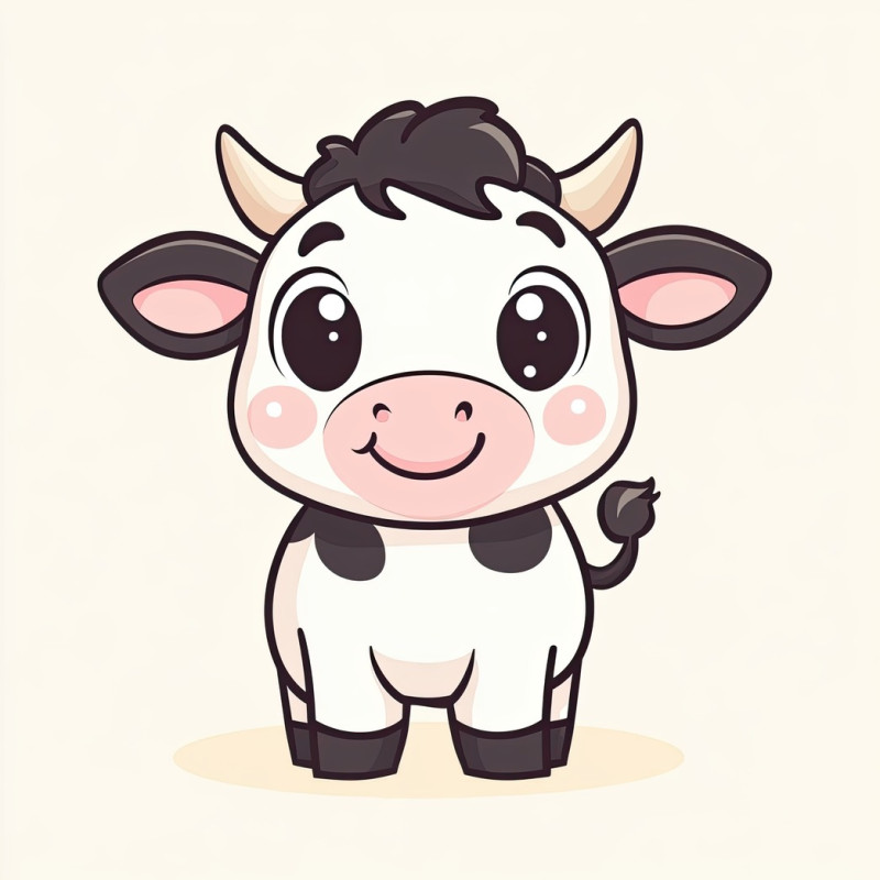 Adorable cartoon cow icon with round features, cute spots, and a happy expression, ideal for animal icons, farm themes, and children designs