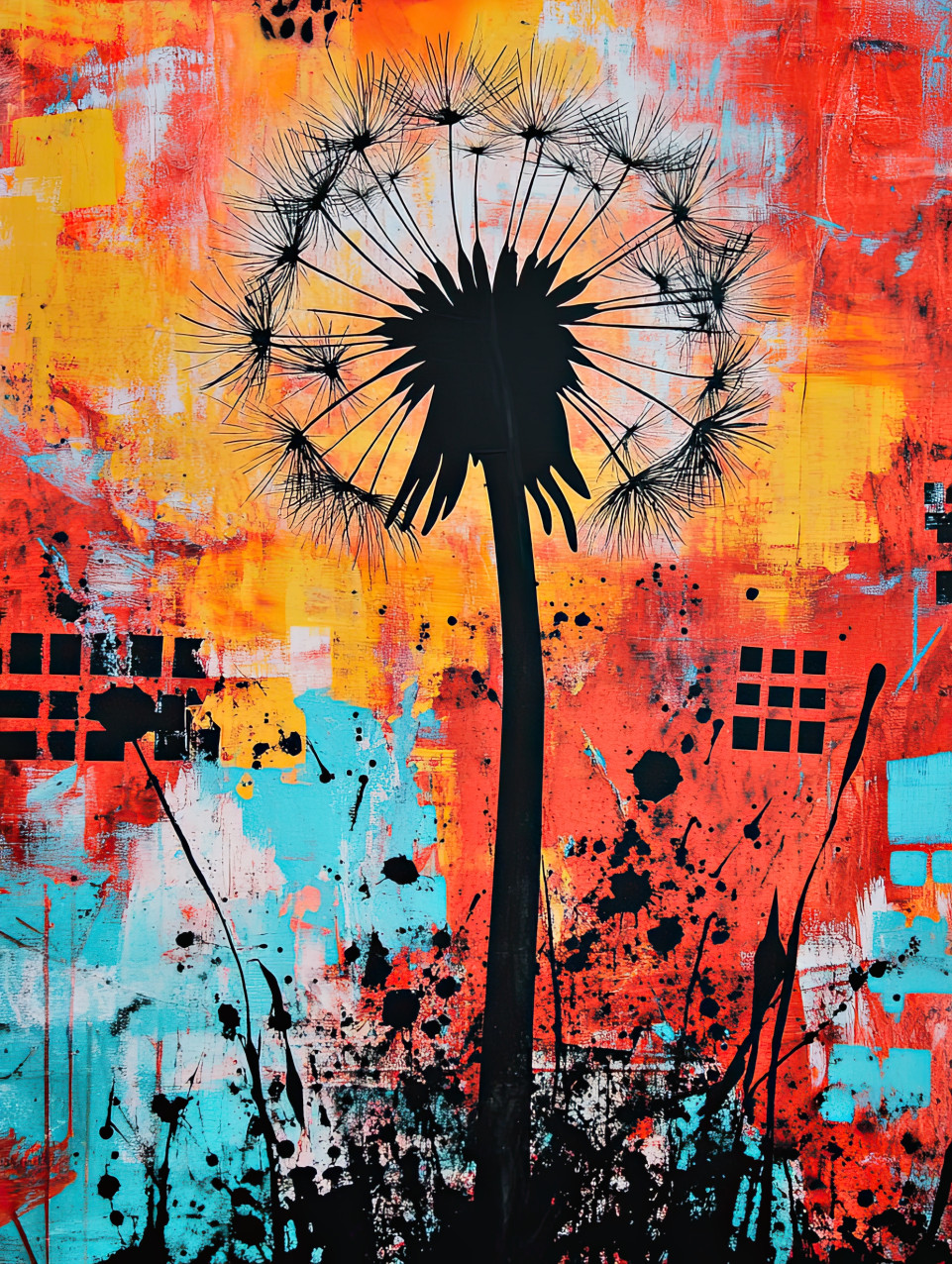 Dandelion blowing away in stencil painting style with delicate seeds floating in the wind, nature and freedom concept for stencil letters and stencils for walls