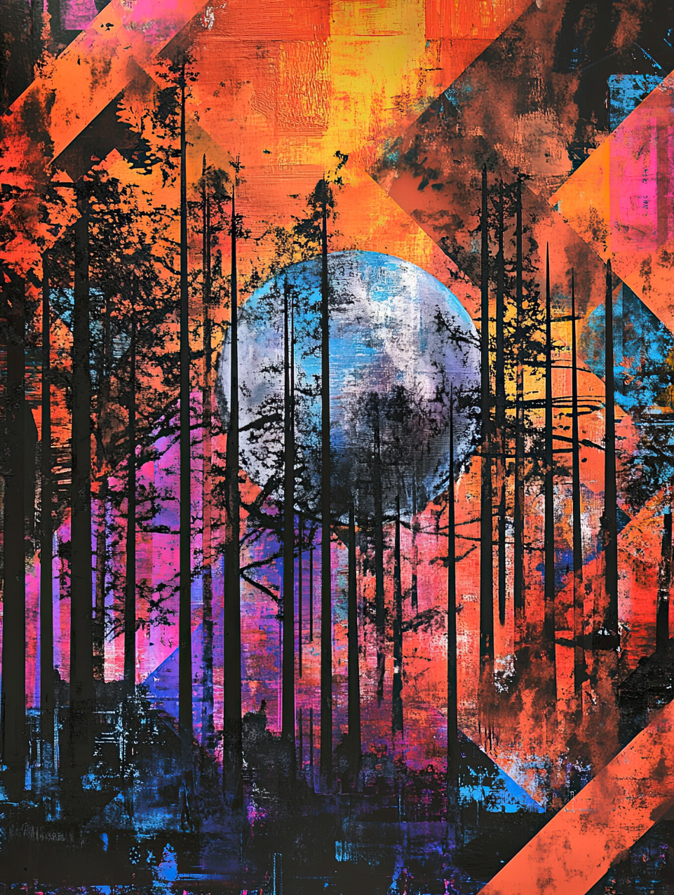 Moonlit forest scene in stencil painting style with tall trees and glowing light, mystical nature landscape for stencil letters and stencils for walls