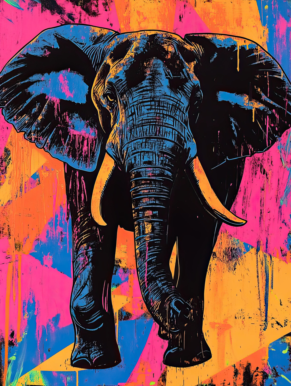 Elephant with tusks in stencil painting style, standing tall with majestic presence, wildlife and nature conservation theme for stencil letters and stencils for walls