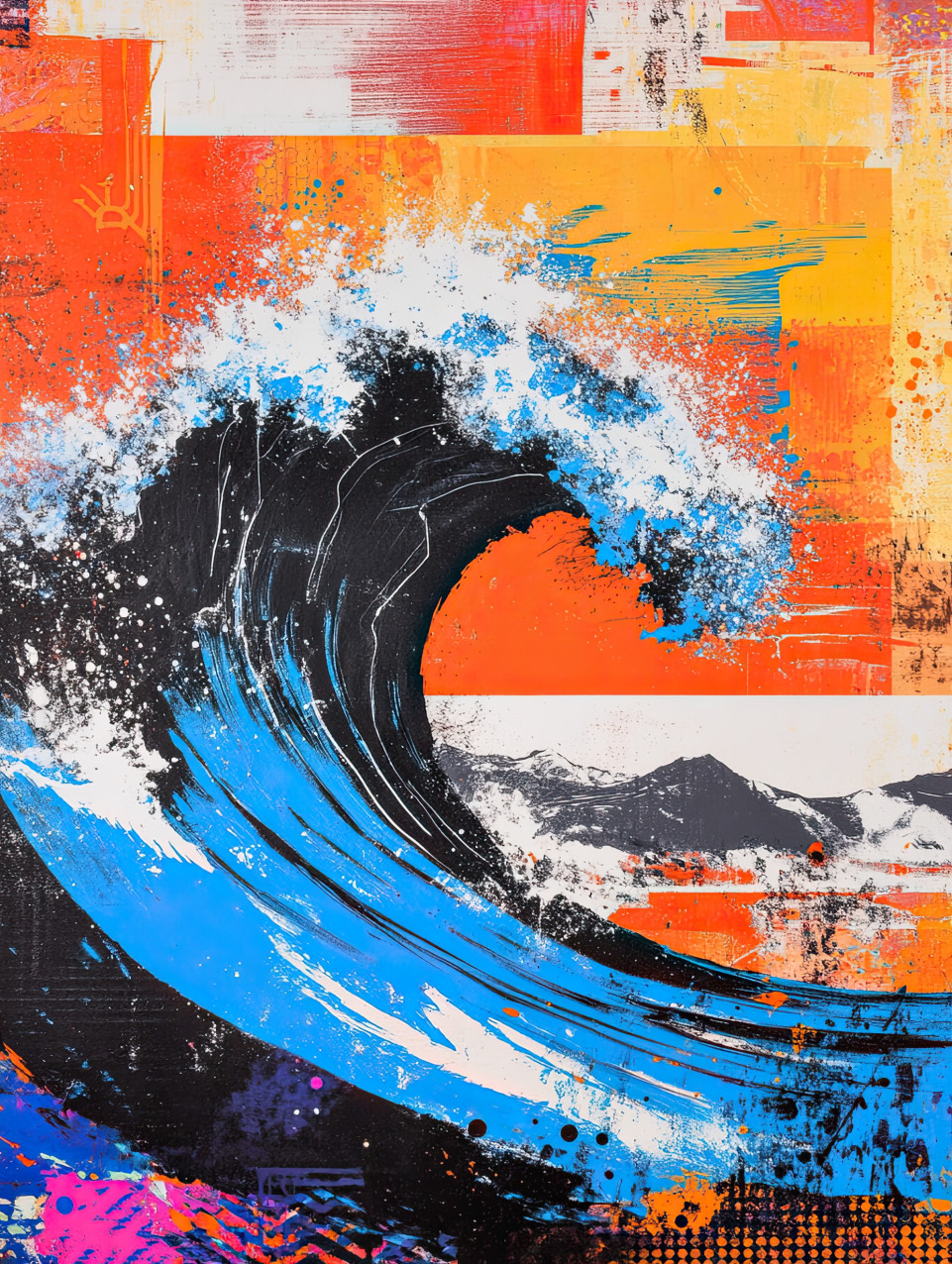 Ocean waves crashing in stencil painting style, with rolling tides and foamy crests, coastal and nature theme for stencil letters and stencils for walls