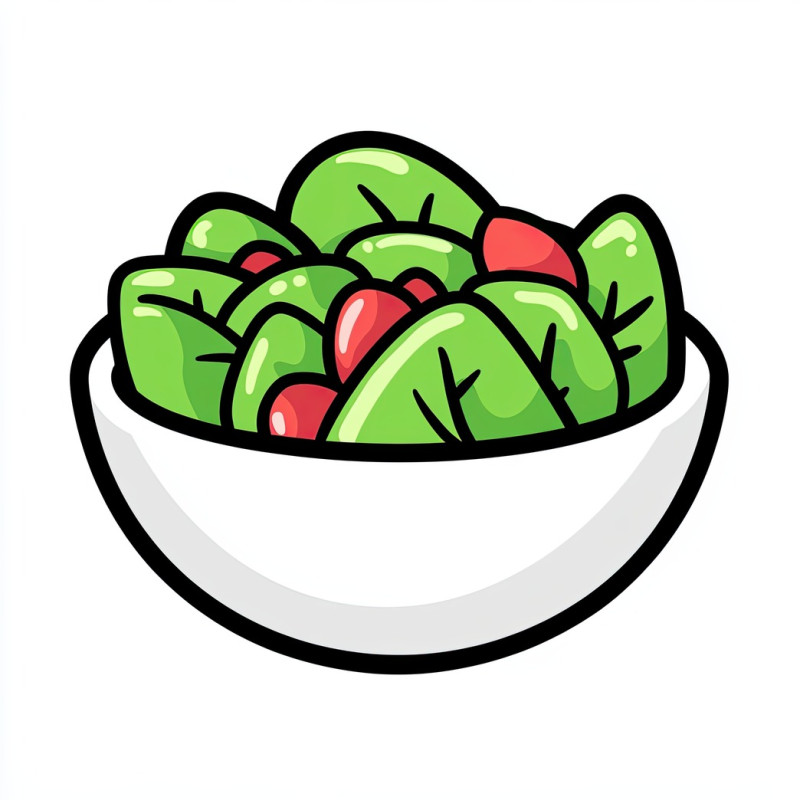 Salad bowl in a stylized cartoon design with a bold outline, food icons theme, a fresh mix of lettuce, tomatoes, and vegetables in a clean, healthy food illustration