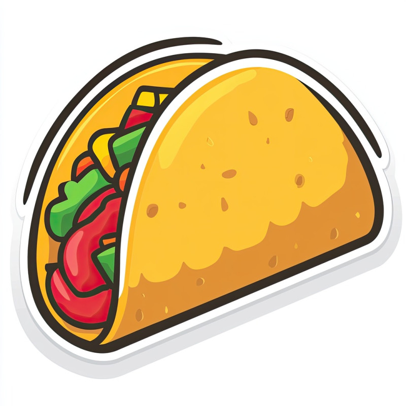 Taco icon in a stylized cartoon design with a bold outline, food icons look, crispy shell filled with meat, lettuce, and cheese in a modern graphic style