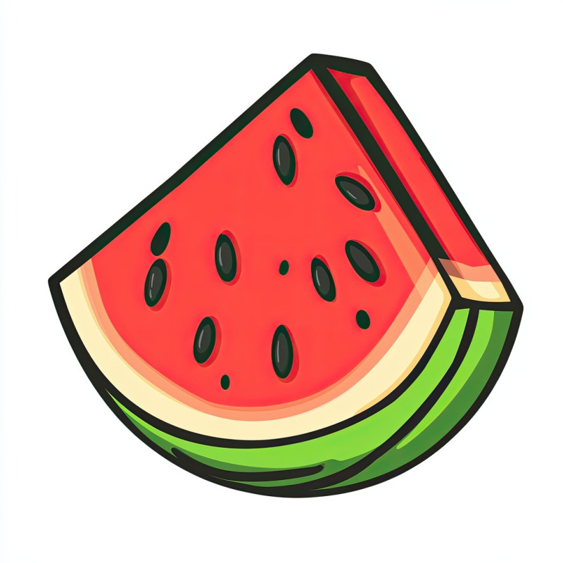 Watermelon slice in a stylized cartoon design with a bold outline, food icons concept, juicy summer fruit with red pulp, black seeds, and a green rind in a simple graphic