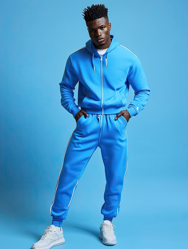 Athletic male model with a muscular build and relaxed expression posing with hands in pockets, colorful photoshoot mockups, confident and effortless style