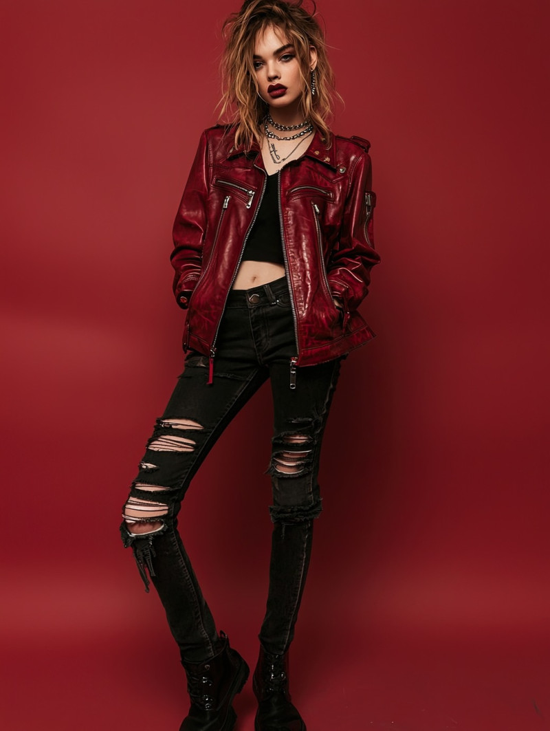 Rebellious model with tousled hair and multiple piercings posing with a relaxed yet powerful stance, colorful photoshoot mockups, edgy attitude and bold energy