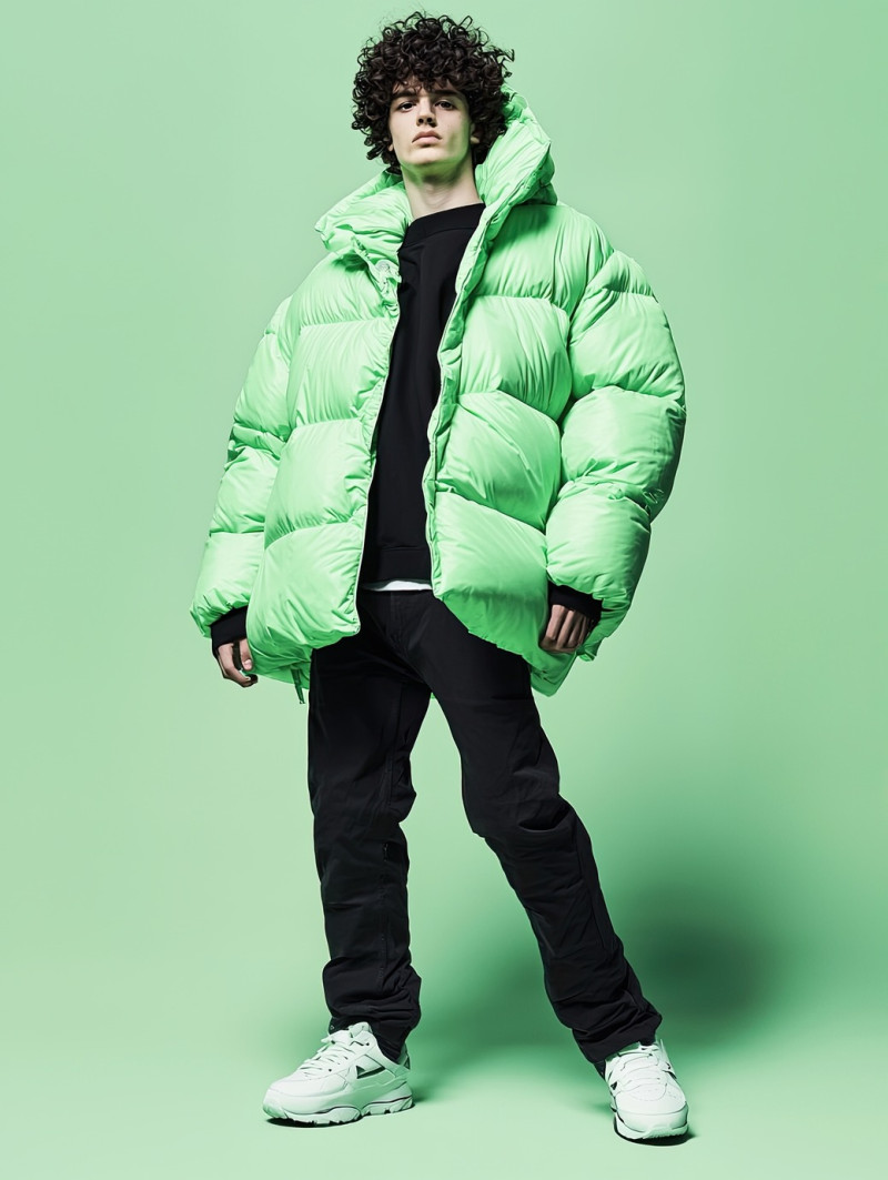 Stylish male model with curly hair and strong jawline posing with a confident stride, colorful photoshoot mockups, modern fashion and bold presence