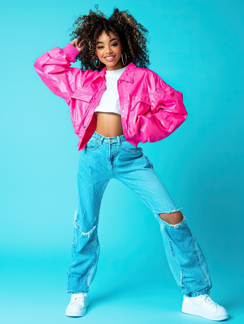 Trendy model with curly hair and a playful smirk posing with a casual one leg up stance, colorful photoshoot mockups, modern charm and youthful energy