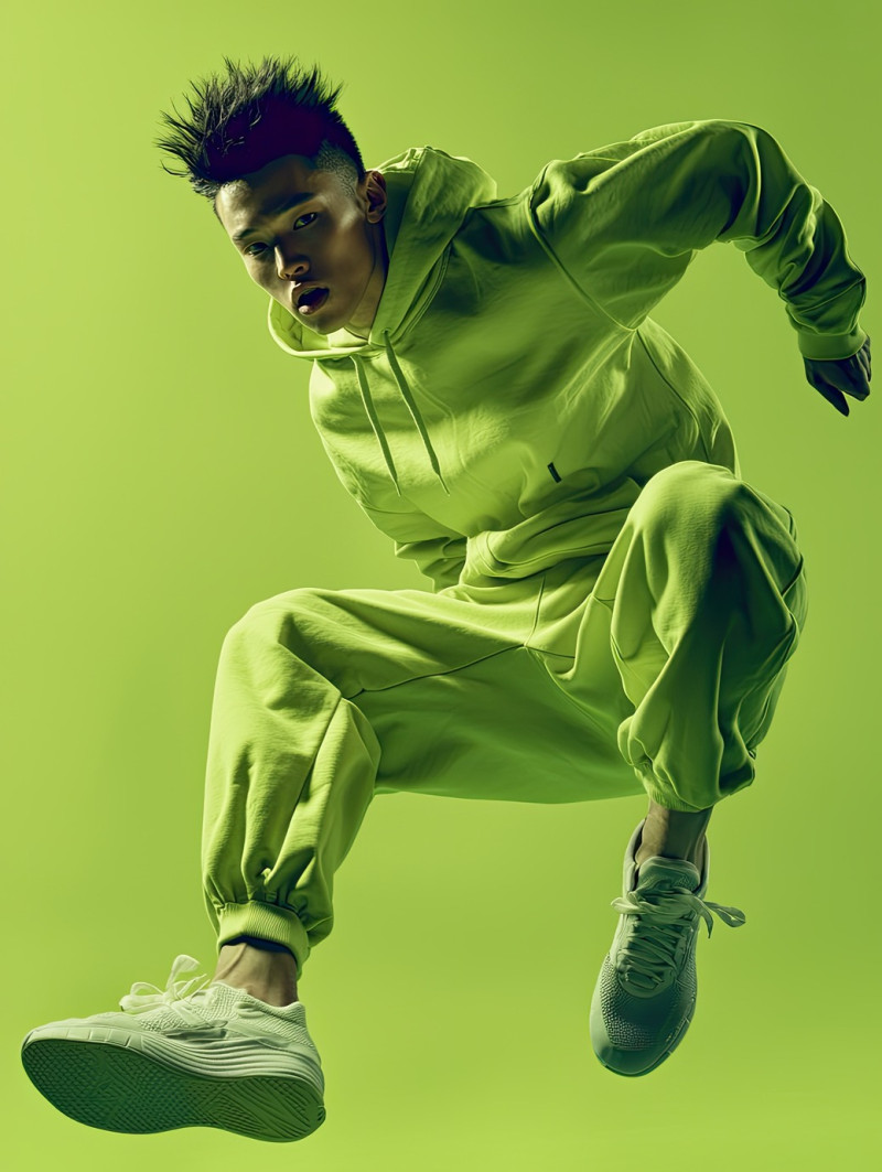 Athletic model with a sharp undercut posing with an energetic jump, colorful photoshoot mockups, movement and excitement in a stylish photoshoot