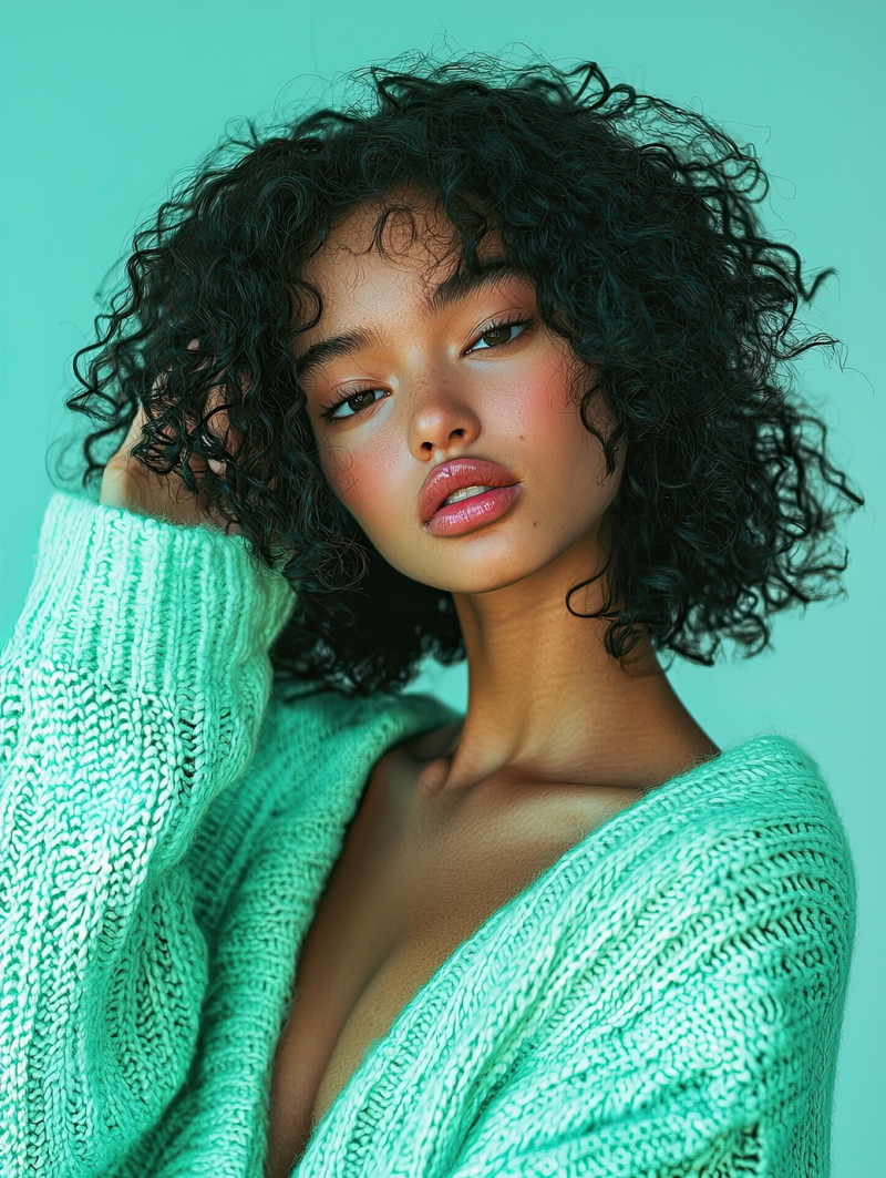 Serene model with soft curls posing with a gentle smile, colorful photoshoot mockups, calm elegance and warm expression in a stylish portrait