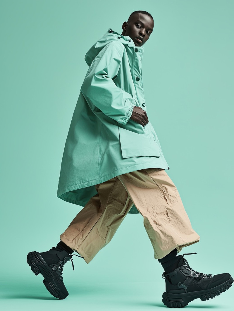 Charismatic individual with a trendy undercut posing with a dynamic stride, colorful photoshoot mockups, strong presence and modern fashion appeal