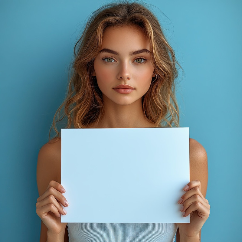 Young woman holding separate blank white panel against a blue background, people holding white placards, message space, protest, communication concept